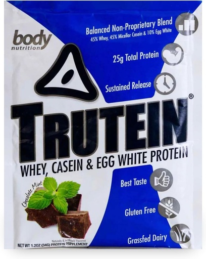 [BRSWKZT7CIIAIHI3] Body Nutrition Trutein High Protein Powder: 45% Whey, 45% Casein, 10% Egg White, Gluten-Free, Low Sodium, Grass Fed Whey Protein Powder, Gym Supplement & Breakfast Shake, Chocolate Mint, 34g Sample