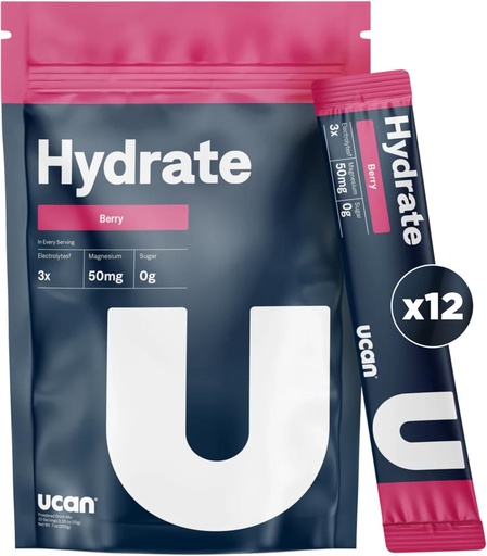 [BRSRA2QKBZYBM3QU] UCAN Hydrate Electrolyte Drink Mix (Berry, 12 Stickpacks) Sugar-Free, Keto-Friendly, Vegan, Non-GMO, Gluten-Free Electrolyte Powder med kalium & Magnesium för löpare & idrottare