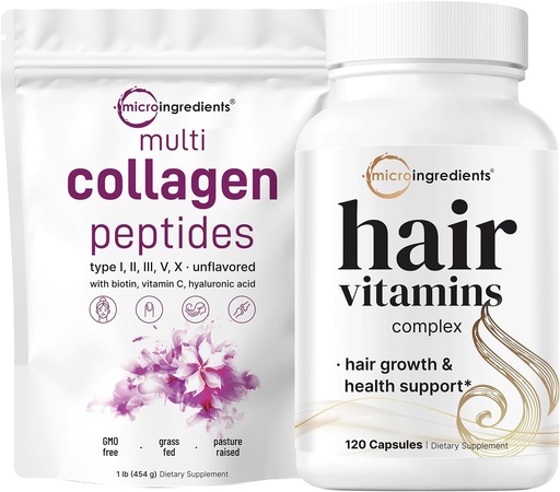 [BRSRAFDYPMDRM2Q2] Micro Ingredientes Multi Collagen Protein Powder 16oz &amp; Hair Vitamins Complex Capsules Bundle 2 Pack ← Peptides Collagen de gran tamaño  14-in-1 Advanced Hair Growth Support