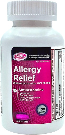 [BRSW2BIKBBYRAEQV] Alergija Religija Antihistaminas, Difenhidramino HCl 25mg, Generic Ultratabs, Redueves Sezoninis viduje arba lauke Viršutinis kvėpavimo takų alergija, 400 Count
