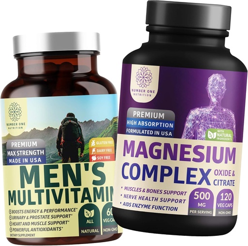 [BRSWYBTRCUPBGADO] N1N Premium Magnesium Complex og mænds Multivitaminer, Alle naturlige kosttilskud til at forbedre energi, immunitet og støtte ben, muskel og nerve funktion, 2 Pack Bundle