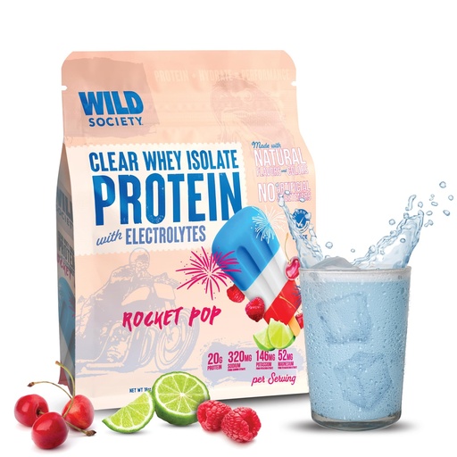 [BRSRA2YBCUPR4G3Z] WILD SOCIETY - Clear Protein Powder + Electrolytes - 20g Clear Whey Protein Isolate Drink - Zero Sugar - 0g Lactose - Natural Flavors & Colors - Muscle Post Workout Recovery - Rocket Pop, 16 oz