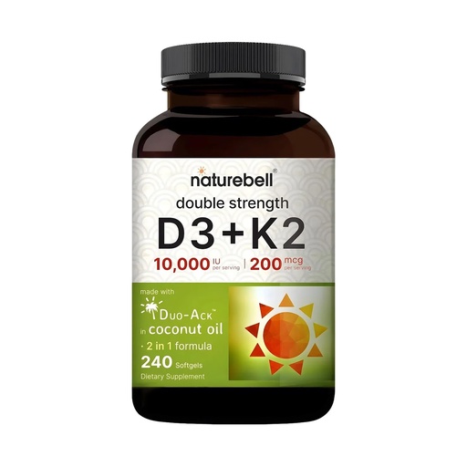 [BRSROZA6DJ6WYETH] NatureBell Vitamin Double Strength D3 + K2-240 Softgels - 10,000 IU Vitamin D & 200mcg K2 - Bone Strength, Immune Function & Calcium Absorption Support* - Coconut Oil Infused
