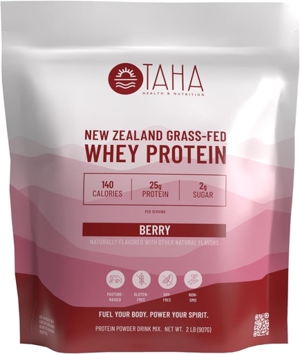[BRSROBD7C4NAGG3V] Taha Health & Nutrition Berry Flavored Whey Protein Concentrate Powder, 25g Protein, 140 Calories, 2g Sugar | New Zealand Grass-Fed, Free-Range Dairy | Gluten and Soy Free, Keto, Kosher | 2LB