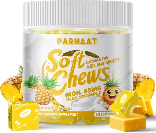 [BRSRAGILDMPGEGYV] Iron Soft Chew Supplement with Vitamin C | Pineapple Flavored | Gluten Free | Iron Supplement for Women Men and Kids | 60 Count | 2 Month Supply