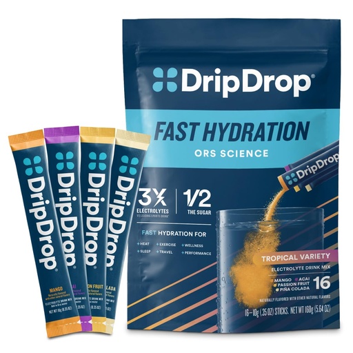 [BRSW2BA2OF7W2DLH] DripDrop Hydration Packets - Tropical Variety Pack - Single Serve Electrolytes Powder Drink Mix - Mango, Açaí, Passion Fruit, Piña Colada - Non-GMO, Gluten Free, Vegan - 16 Sticks