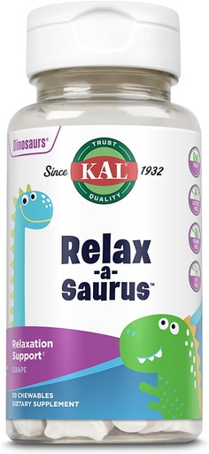 [BRSWIYT3PMMRCG3G] KAL Relax- a- Saurus, Stressz Supplement gyerekeknek, L-Theanine gyerekeknek Herbal Stress Relief & Relaxation & Blend, finom természetes Grape Flavor, 60- napos garancia, 30 rágótabletta