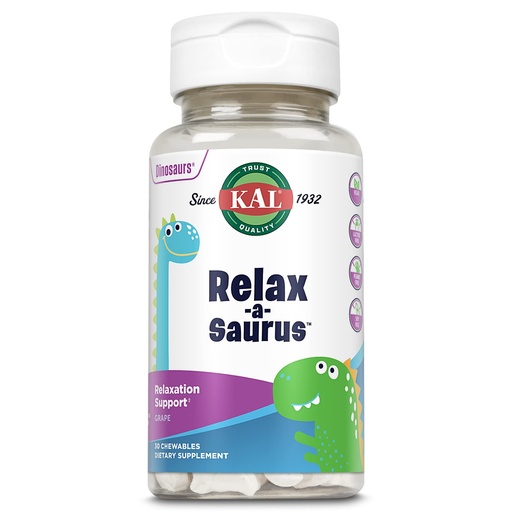 [BRSWIYT3PMMRCG3G] KAL Relax-a-Saurus, Stress Support Supplement for Kids, L-Theanine for Children with Herbal Stress Relief & Relaxation & Blend, Delicious Natural Grape Flavor, 60-Day Guarantee, 30 Chewables