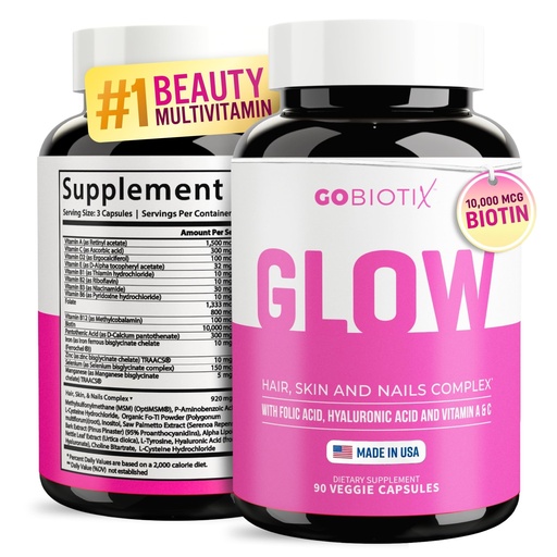 [BRSWYED5O4FRGETA] GOBIOTIX Hair, Skin & Nails Vitamins for Women — 10,000mcg Biotin, Hyaluronic Acid & MSM — 28 Vitamins with Folate & Iron — Supports Hair & Nail Growth — 90 Capsules