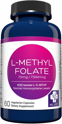 [BRSWG2QBB57GE3TU] MD Life L-Methylfolate 7.5 mg Supplement - Professional-Grade Active L Methylfolate Supplement - 60 kapsulak - L-Methylfolate 7.5mg - Gehienezko Potency MTHFR W/Essential Amino Acids
