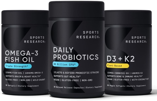 [BRSRAYY7DN5BSE34] Sports Research Wild Alaskan Pollock Omega 3 Fish Oil 90 Softgels (1250 mg) + Vegan Probiotics with Prebiotics, 60 Billion CFU (30 Softgels) + 5000 IU Vitamina D + 100mcg Mk7 Vitamin K (60 Softgels)