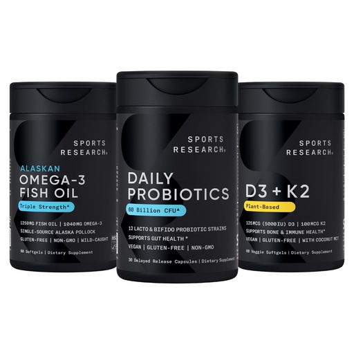 [BRSRAYY7DN5BSE34] Sports Research® Body Wellness Pack - Wild Alaskan Pollock Omega 3 Fish Oil 1250mg + Vegan Probiotics with Prebiotics, 60 Billion CFU + 5000 IU Vitamin D + 100mcg Mk7 Vitamin K