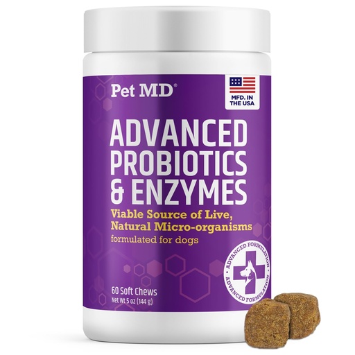 [BRSRMBTRBN6R6CLU] Pet MD Probiotics & Enzymes for Dogs - Gut Health Chews w/Prebiotic - 60ct | Digestive Aid for Dogs with Upset Stomach, Diarrhea, Constipation, or Gas - Functional Probiotics for Canines