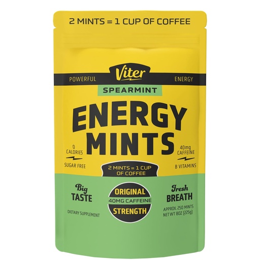 [BRSWECAQBB7AOYI7] Viter Energy 40mg Caffeine Mints - Sugar Free, B Vitamins, Vegan, Boosts Fast Energized Alert Focus, Caffeinated Nootropic Supplement Pills (Spearmint Flavor, 8oz, Bulk Bag)