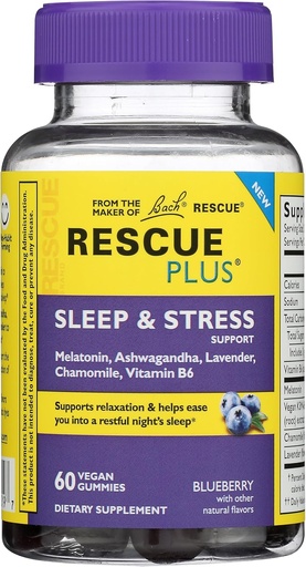 [BRSROFIFC57BMFIV] Bach Rescue Plus Sleep & Stress Support Gummies, Nighttime Dietary Supplement with 1mg Melatonin, Ashwagandha, Chamomile, Lavender & Vitamin B6, 60 Gummies (Pack of 3)