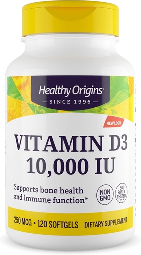 [BRSWIYL2OR6WAG3E] Origine sănătoasă Vitamina D3 10000 UI (non-GMO, potenţă ridicată, suport osos, suport imun, gluten gratuit), 120 Softgels