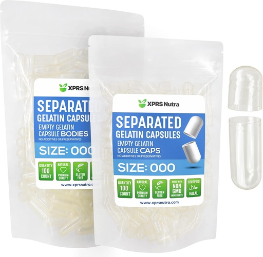 [BRSW2H36CIJQKDTJ] XPRS Nutra Separated Capsules Size 000-100 Count Large Empty Gelatin Capsules Separated in Bags - Premium Clear Empty 000 Pills for DIY Supplement Filling