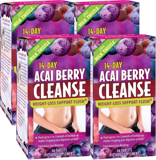 [BRSWIFYTCQNQE2A5] Applied Nutrition 14-Day Acai Berry Cleanse - 56 Tablets, Pack of 4 - Weight-Loss Support Flush + Milk Thistle - 112 Total Servings