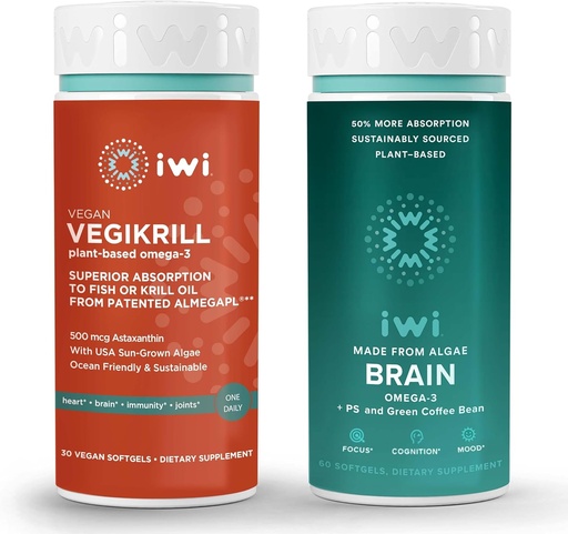 [BRSRAYIPCIPRYA3J] iwi Life Vegikrill & Brain Omega-3 Bundle, 30 Servings, Vegan Plant-Based Algae Omega 3 with EPA + DHA, Krill & Fish Oil Alternative, No Fishy Aftertaste