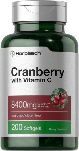 [BRSROZLRCMBWEF3F] Horbäach Cranberry Pills for Women and Men | 8400mg | 200 Softgels | Extract Supplement with Vitamin C | Non-GMO, Gluten Free