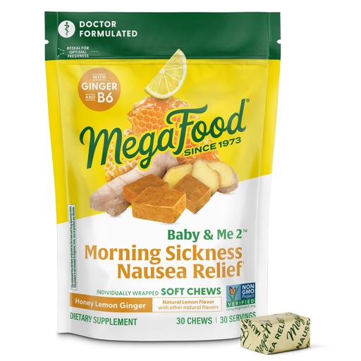 [BRSWYZT5BAMRYADB] MegaFood Baby & Me Prenatal Morning Sickness Relief, Ginger Chews, with Vitamin B6, Made Without 9 Food Allergens, Honey Lemon Ginger Flavor, 30 Chews