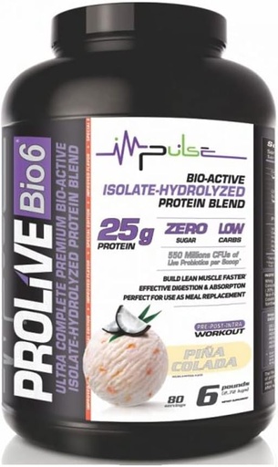 [BRSW2GD7OR5QGAI7] Prolive Bio6 Supplements 25gr of Ultra Complete Premium, BioAktiboa, Isolatu-Hidrolyzed Protein Blend with Whey Protein Concentrated, Low Carb, Zero Sugar eta 5g BCC - Piña Colada Flavor - 6 LBS Total