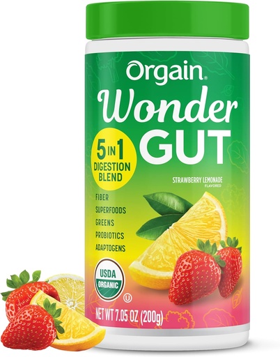 [BRSROCQ7OZ7R43LK] Orgain Organic Wonder Gut Fiber Supplement Powder, 5 in 1 Blend with 1 Billion Probiotics, Greens, Vitamin C, Adaptogens for Gut Health and Immune Support, Non-GMO, Strawberry Lemonade, 7.05 oz