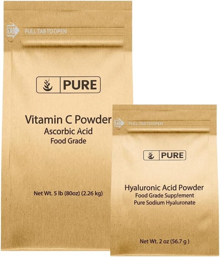 [BRSROEAHPJ5BUYDB] Pure Original Ingredients Vitamin C Powder and Hyaluronic Acid Bundle, Various Sizes, Fine Powder, Water Soluble