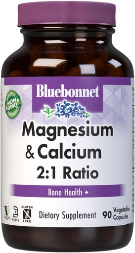 [BRSWIYT7BIABGDTY] Bluebonnet Nutrition Magnesium & Calcium 2:1 Ratio, Bone Health*, Non OGM, Vegan, Kosher Certified, Gluten-Free, Soy-Free, Dairy-Free, 90 capsule vegetali, 30 Serve