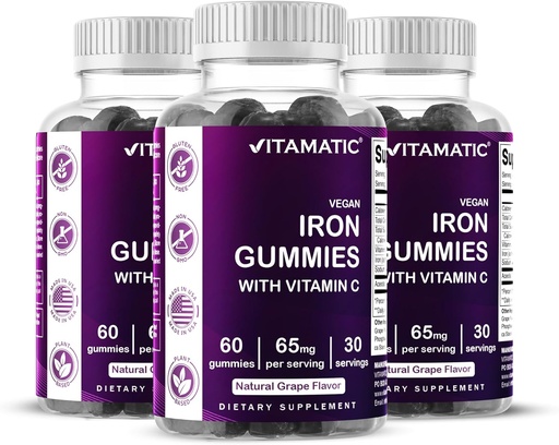 [BRSRMAINCABBYCDU] Vitamatic Iron 65 mg Gummies Supplement for Women & Men - 60 Vegan Gummies - Great Tasting Iron Gummy Vitamins with Vitamin C (3)