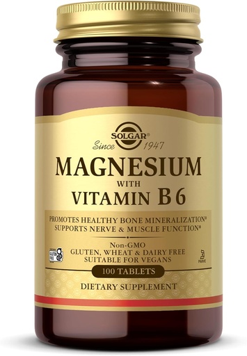 [BRSWIYQTPMIBGHTK] Solgar Magnesium with Vitamin B6, 100 Tablets - Promote Healthy Bone Mineralization, Support Nerve & Muscle Function, Energy Metabolism - Non-GMO, Vegan, Gluten Free, Dairy Free, Kosher - 33 Servings