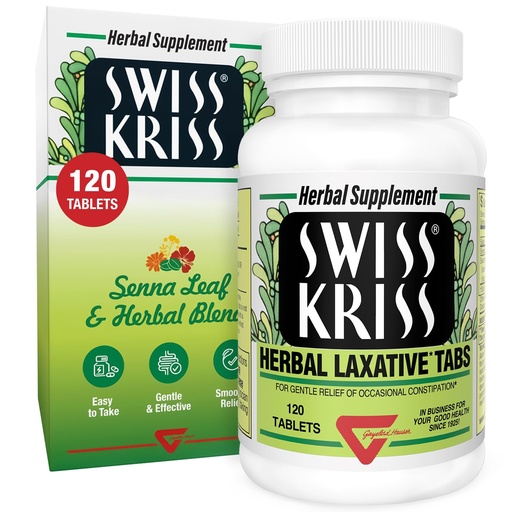 [BRSWIYTYOUEBQCI7] Swiss Kriss Herbal Laxative Tablets, Gentle & Natural Laxatives for Constipation Relief for Adults & Children Over Age 6, Works in 6-12 Hours, Senna Laxative, 120 Tablets Total