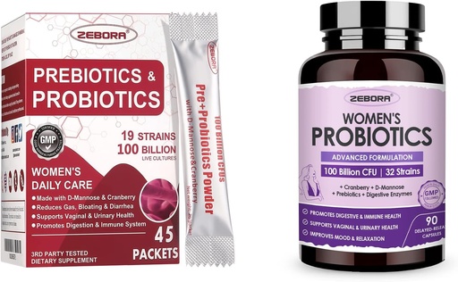 [BRSROCTRDJ6GK3LX] ZEBORA Probiotics-for-Women 100-Billion-CFUs with Prebiotics, D-Mannose & Cranberry for Digestive, Immune, Feminine UT Health Support, Ultimate Probiotic Women's Care, Soy & Gluten Free, 45 Packets