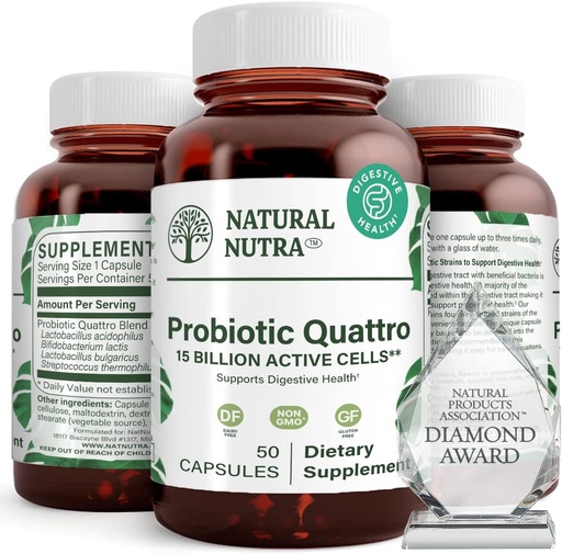 [BRSWIBQADJ7RW3LY] Natural Nutra Probiotic Quattro – Advanced Probiotic Supplement with 4 Powerful Strains Including Lactobacillus Acidophilus, Bifidus – Supports Digestive and Immune Health – 50 Vegetarian Capsules