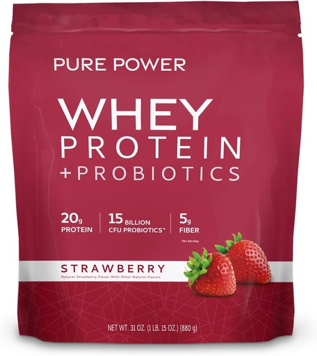[BRSWKEYOCEGRQCQZ] Dr. Mercola Pure Power Whey Protein + Probiotics - Supports Muscle Recovery & Digestive Health - Pasture-Raised Whey - MCTs & Fiber - Vanilla - 31 oz (22 Servings) - Strawberry