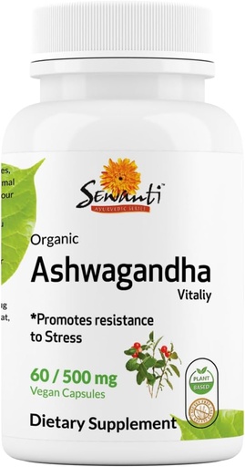 [BRSW2BD2AUPQ2H37] Sewanti Organic Ashwagandha Capsules - Natural Stress Relief & Energy Boost - Dietary Supplement High Potency Extract 60 Vegan Capsules - 500mg