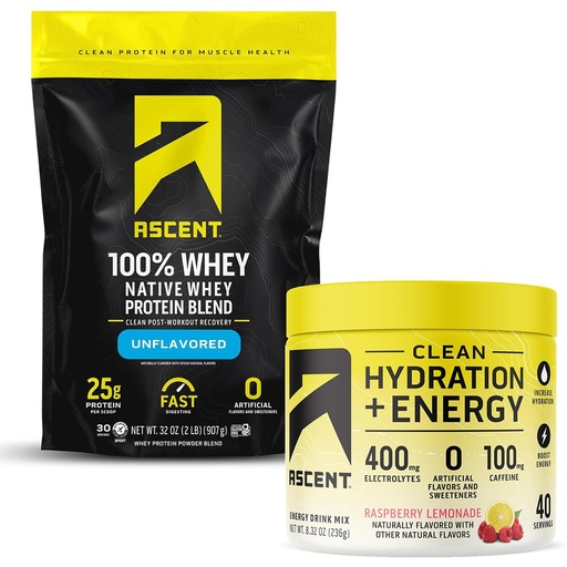 [BRSRA2QEOEBRACY3] Ascent 100% Whey Protein Powder, Unflavored 2 lb & Hydration + Energy Electrolytes, Raspberry Lemonade 40 Servings