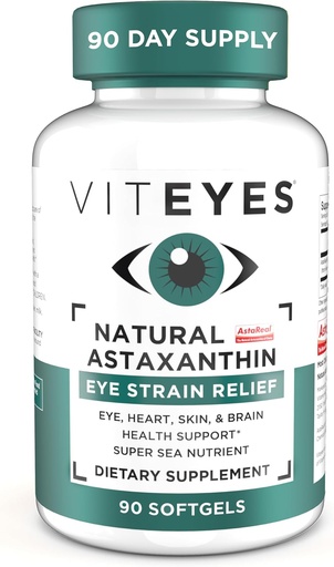 [BRSW2236O4GRY3TK] Viteyes Natural Astaxanthin, Relieve Tired Eyes & Eye Strain, Sourced from Algae, Skin Hydration, Heart & Brain Health, 4 to 8 mg Natural Astaxanthin, 90 Softgels
