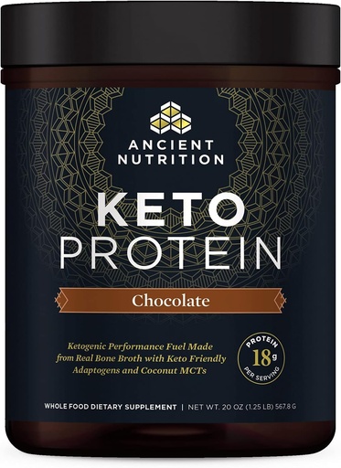 [BRSWGYD2AEPQAHQU] Ancient Nutrition Keto Protein Powder, KetoPROTEIN z tłuszczem z Bone Broth i oleju MCT, Czekolada, 18g białka 10g tłuszczu na serwowanie, Gluten Free, Niskie węglowodany, Paleo Friendly, 17 Sług