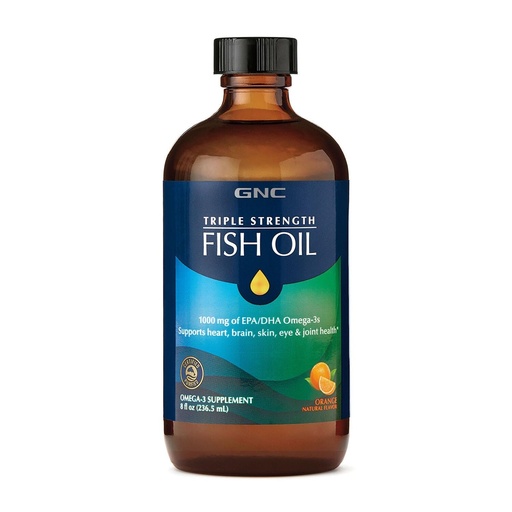 [BRSWKGT3AQPWE2TI] GNC Triple Strength Fish Oil Liquid Supplement, Wild Deep Ocean Caught. with 1000mg EPA DHA Omega 3s, for, Heart, Brain, Skin, Eye, Joint Health, Natural Orange Flavor, 8 Fl Oz, 47 Servings