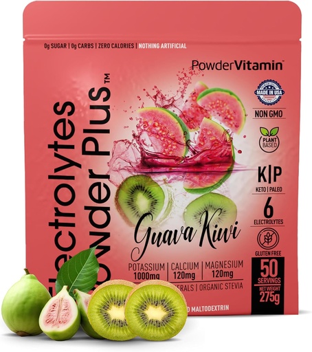 [BRSRAYAEAQNWYCTV] PowderVitamin Electrolytes Powder Plus (50 Servings) Guava Kiwi Electrolyte Powder Zero Calorie Keto, 0 Cukr, No Maltodextrin, 1000mg Draslík, 120mg vápník, 120mg hořčík, Hydratační prášek