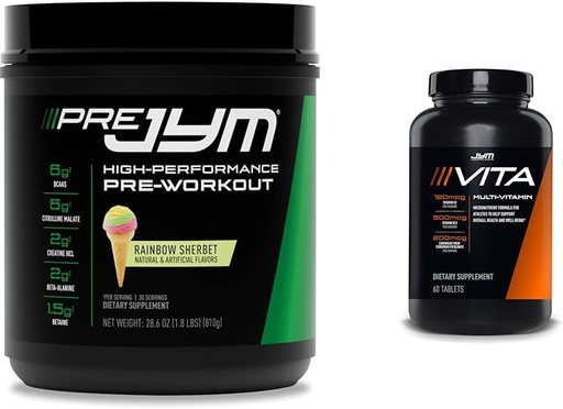 [BRSRAYYYA5YAI3L7] JYM Supplement Science Pre Jym Rainbow Sherbet Pré-treino, 30 Servings & Vita JYM Multivitamin para atletas, 60 Tablets Bundle
