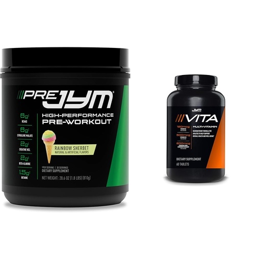 [BRSRAYYYA5YAI3L7] JYM Supplement Science Pre Jym Rainbow Sherbet Pre-Workout, 30 Servings & Vita JYM Multivitamin for Athletes, 60 Tablets Bundle