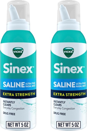 [BRSROZINAFYQGALV] VICKS Sinex Saline Extra Strength Nasal Spray, 3X Concentrated* Drug Free Ultra Fine Mist, Instantly Clears Mucus, Ultra Concentrated to Clear Congestion Fast, Safe For Daily Use, 5 OZ x 2