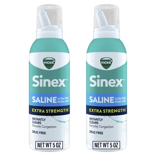 [BRSROZINAFYQGALV] VICKS Sinex Saline Extra Strength Nasal Spray, 3X Concentrated* Drug Free Ultra Fine Mist, Instantly Clears Mucus, Ultra Concentrated to Clear Congestion Fast, Safe For Daily Use, 5 OZ x 2