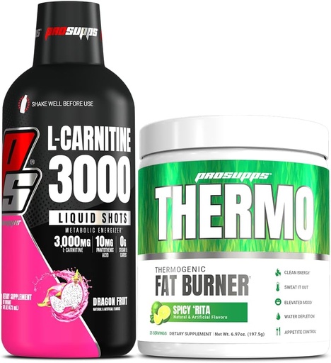 [BRSRAHAQOUMR623G] PROSUPPS L- Carnitin 3000 Stimulant Free Liquid Shots (31 Servere, Dragon Fruit) og Thermo Fat Burning Termogent Powder (25 Servere, Spicy 'Rita) Bundle