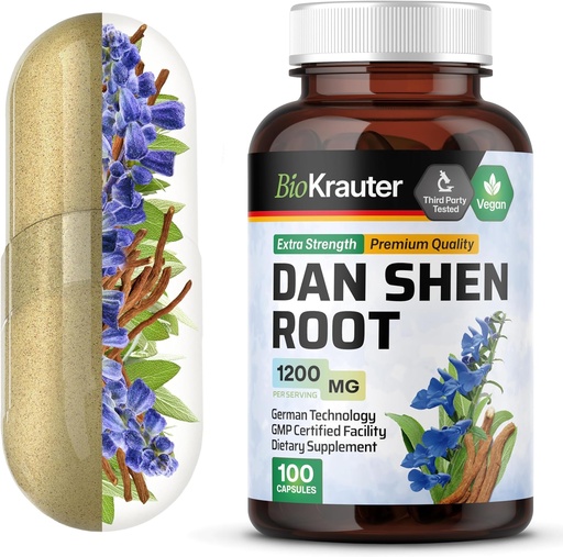 [BRSWGHYNOACGCAAZ] BIO KRAUTER Dan Shen Root Capsules - 1200 mg Résistance - 100 bouchons rouges - Source antioxydante - Salvia Miltiorrhiza Root - Vegan