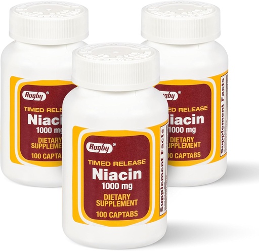 [BRSWIGYLBB4QOHLM] Rugby Time- Release Niacin 1000mg Kosttilskud til voksne for energi, cirkulering og stofskifte Support, 100 Captabs (pakning med 3)