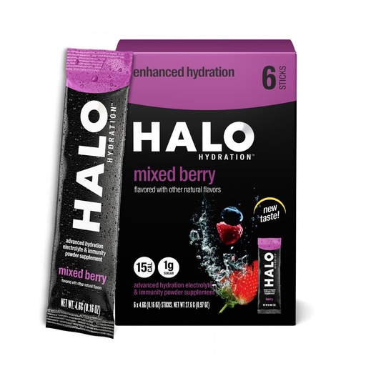 [BRSW2HQFPMPBMYDH] HALO Hydration - Electrolyte Drink Mix | Hydration Powder Packets | Berry Flavor – For Sports and Cycling | Easy Open Single Serving Stick | 6 Sticks