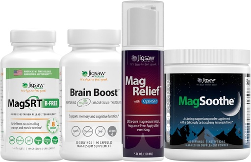 [BRSRAYL2CUNRO3IZ] Jigsaw Health Ultimate B-Free Magnesium Bundle MagSRT (B-Free), 240 таблеток, Brain Boost, 90 капсули, MagRelief, 5 Ounces (Lotion), і MagSoothe (Raspberry Lemonade), 60 Сервінги (Jar)